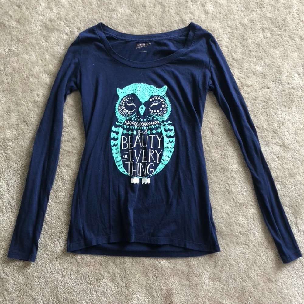 Arizona Jean Co Navy Blue “Find Beauty in Everything” Owl Long Sleeve Top
